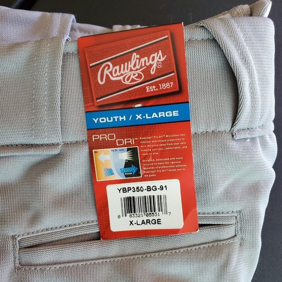 NEW‎ Rawlings Pro Dri Youth Kids XL X Large Baseball Pants Gray Cuffed - Picture 4 of 5